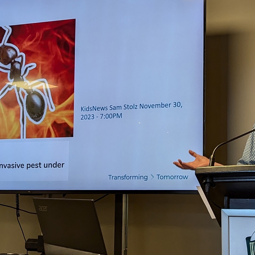 A man giving a presentation in front of a screen showing a fire ant.