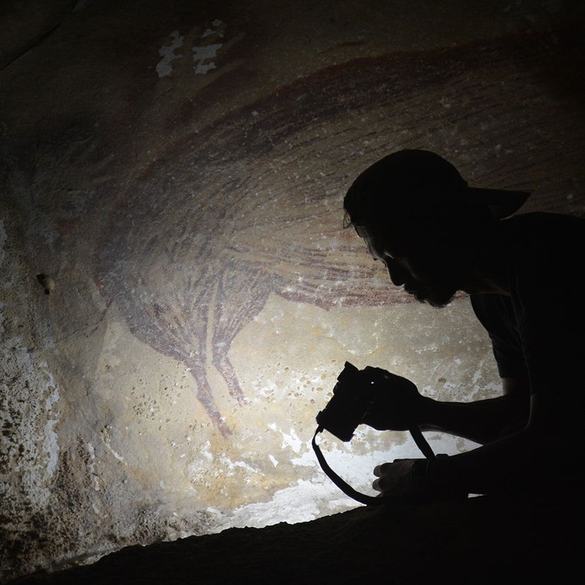 Rock art pig with researcher Oktaviana_credit AA Oktaviana