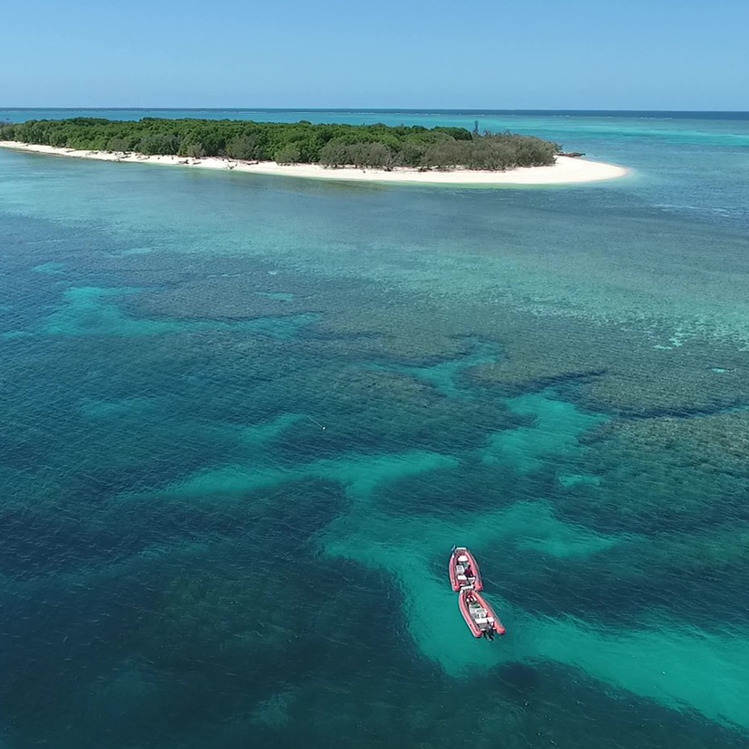 Two boats over the reef next to an island