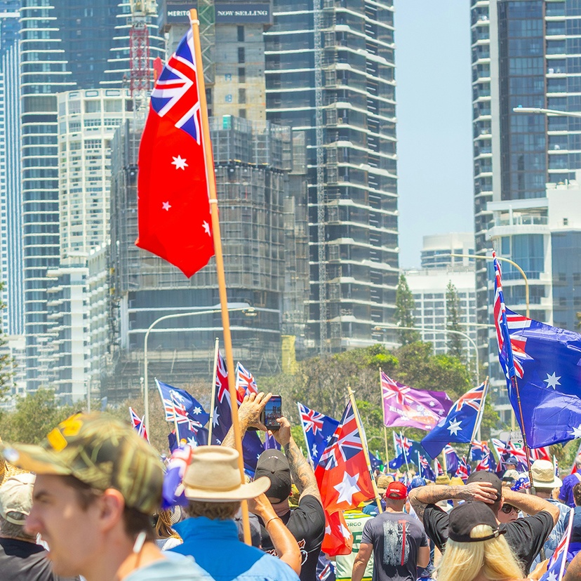 Protesters at any outdoor march flying Australian flags