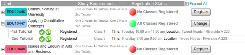 Screenshot of my enrolment showing what variout statuses look like with traffic light colours.