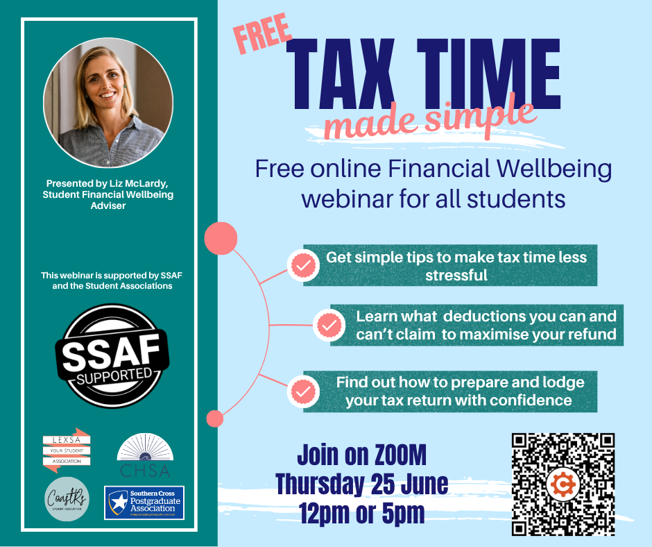 Tax time made simple - online financial wellbeing webinar 2026 A poster for a financial wellbeing workshop