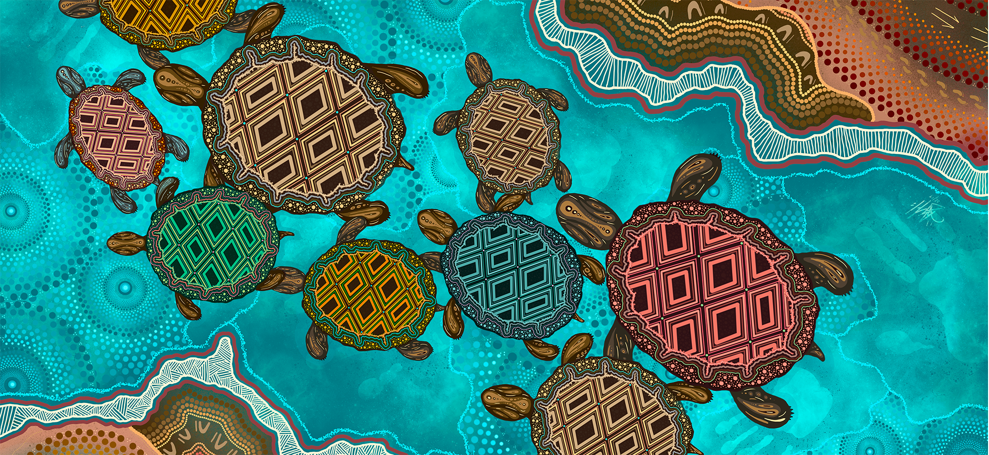 Artwork depicting a group of turtles swimming in a river