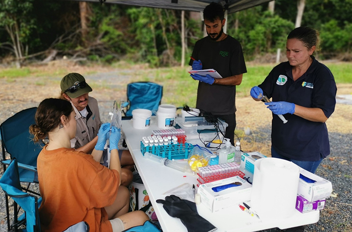 A group of people taking scientific measurements