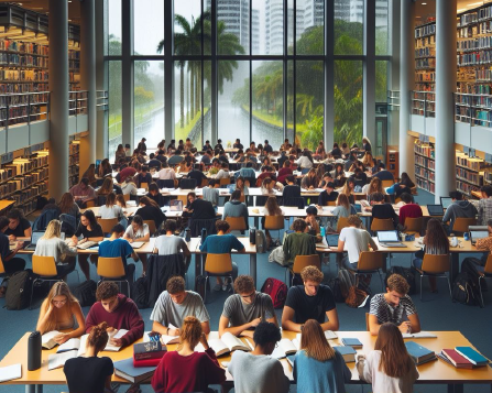 students sitting in a library on a rainy day