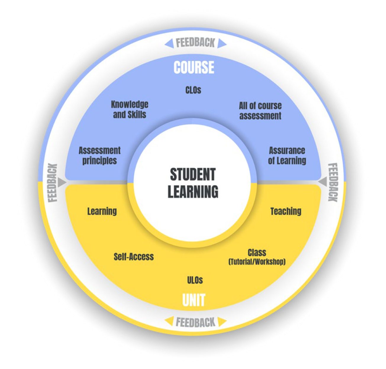 Figure 1 illustrates Programmatic Assessment in the Southern Cross Model, emphasising the holistic, integrated, and feedback-driven approach to student learning at both the course and unit levels. It represents how the various elements of the SCM contribute to a whole of course approach to student learning.